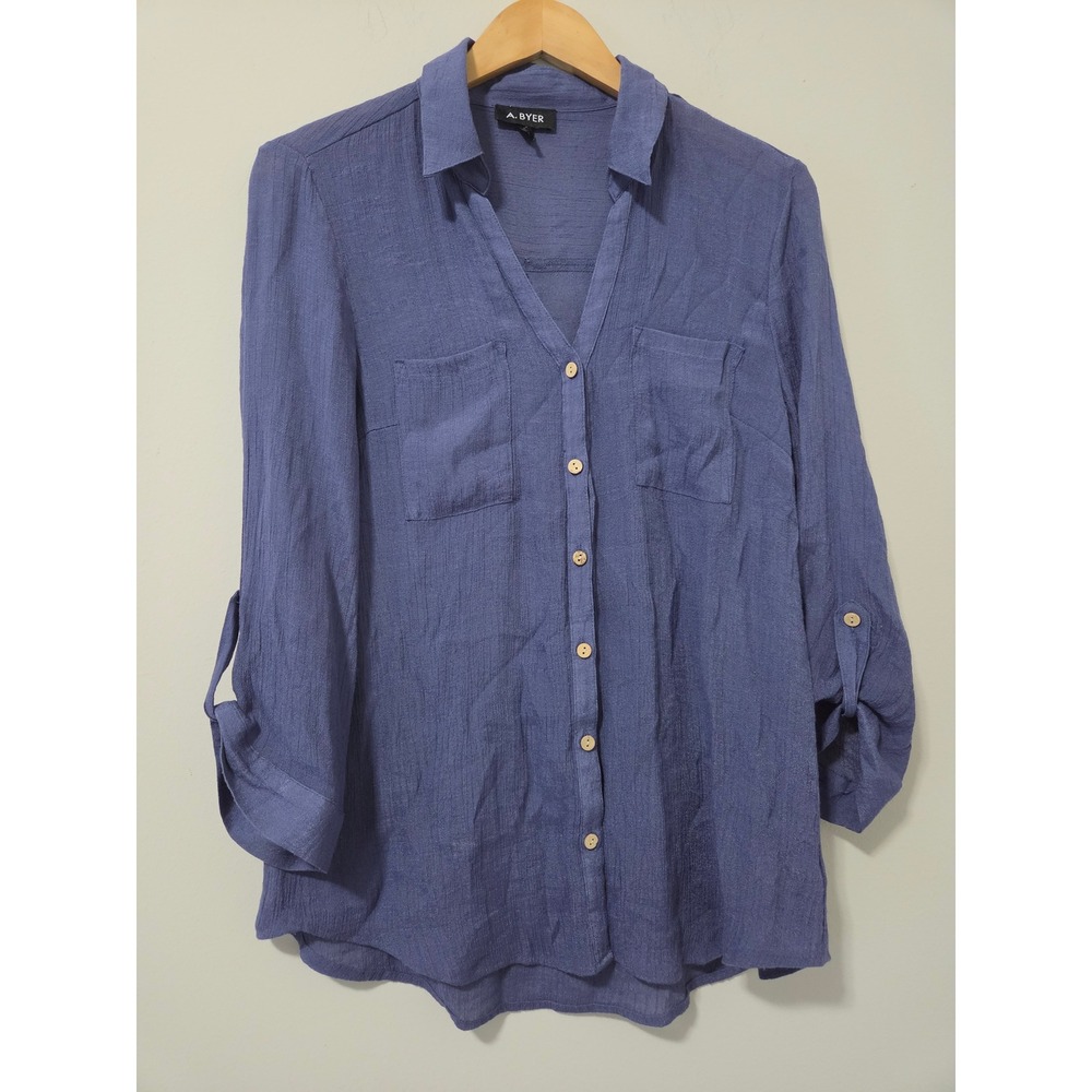 A. Byer Women XL Blue Textured Roll Tab Sleeve Button Up Blouse Pocket Top